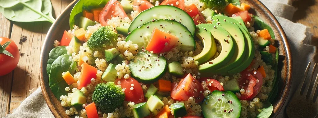 Ensalada de quinoa y vegetales con pepino, pimiento rojo, zanahoria, tomate, aguacate y espinacas, aderezada con limón y aceite de oliva