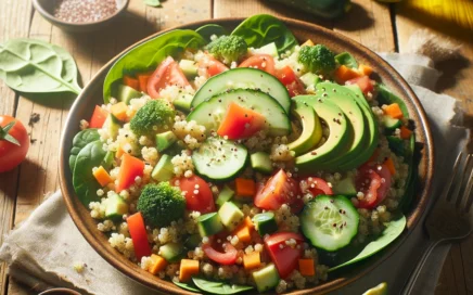 Ensalada de quinoa y vegetales con pepino, pimiento rojo, zanahoria, tomate, aguacate y espinacas, aderezada con limón y aceite de oliva