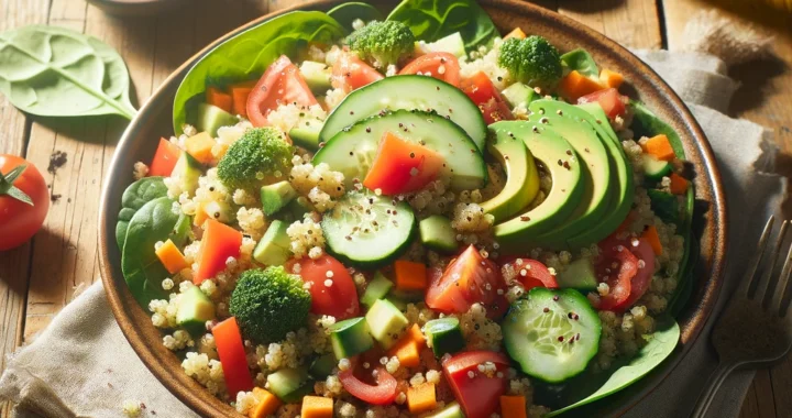 Ensalada de quinoa y vegetales con pepino, pimiento rojo, zanahoria, tomate, aguacate y espinacas, aderezada con limón y aceite de oliva