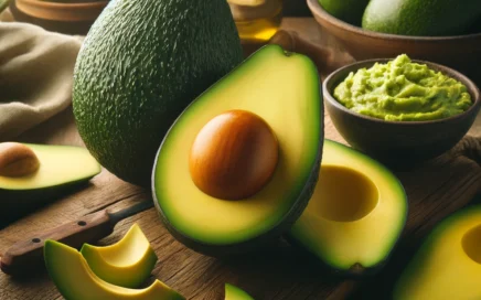 Aguacates en diferentes etapas de preparación: enteros, cortados por la mitad, en rebanadas y guacamole fresco, sobre una mesa de madera