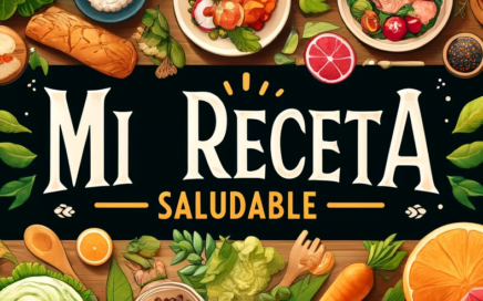 Banner de 'Mi Receta Saludable' con alimentos frescos y nombre del blog en el centro